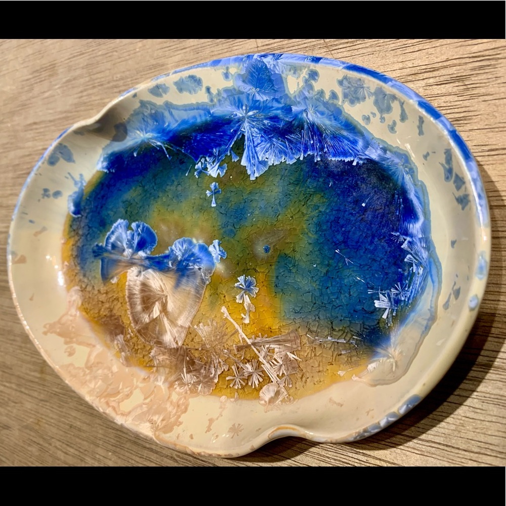 Crystalline Glaze Pottery Trinket Dish Tray Plate Green & Blue 8”x6” Signed
